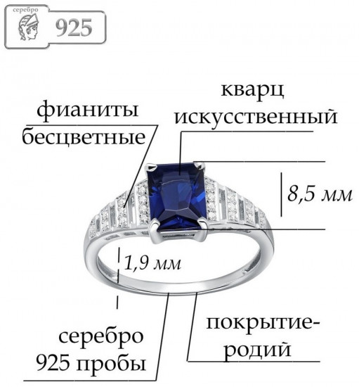 Кольцо из серебра с фианитами и кварцем