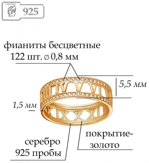 Кольцо из золочёного серебра с фианитами