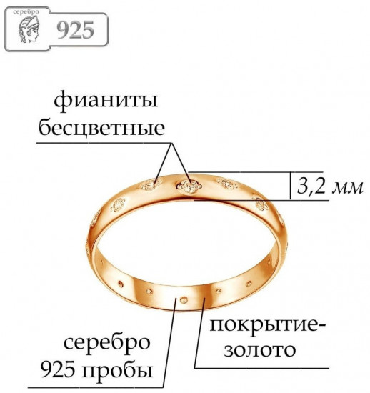 Кольцо из золочёного серебра с фианитами