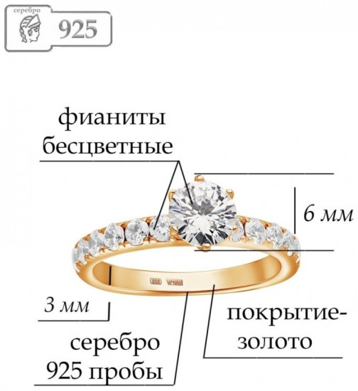 Кольцо из золочёного серебра с фианитами