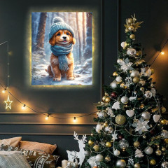 Картина по номерам с LED подсветкой «Щенок на зимней прогулке» - Фото 1