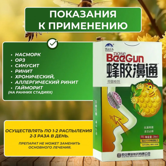 Спрей для носа с прополисом от насморка, гайморита, синусита «BeeGun»
