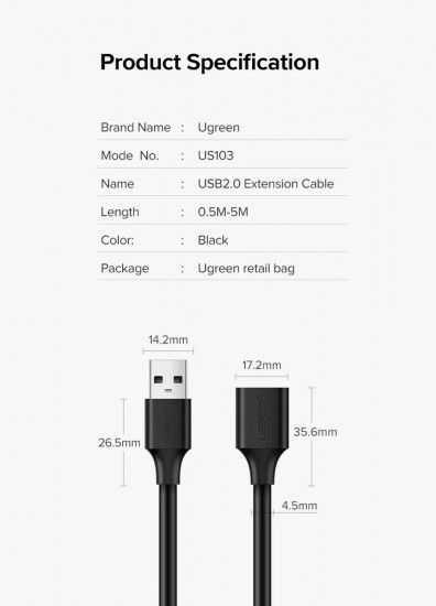 Кабель-удлинитель USB — USB 2.0 Ugreen US103