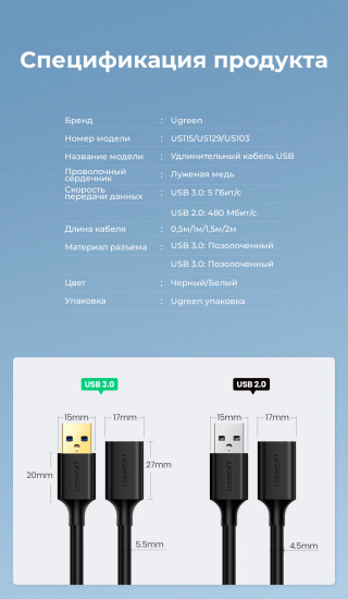 Кабель-удлинитель USB — USB 3.0 Ugreen US129