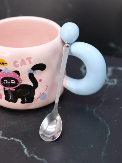 Кружка с крышкой и ложкой «Lovely cat, strawberry»