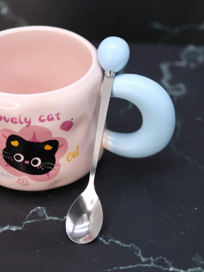 Кружка с крышкой и ложкой «Lovely cat, cherry»