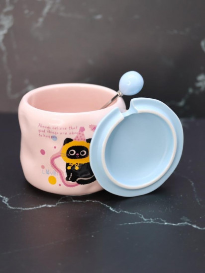 Кружка с крышкой и ложкой «Lovely cat, birthday»