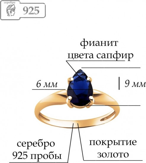Кольцо из золочёного серебра с фианитом