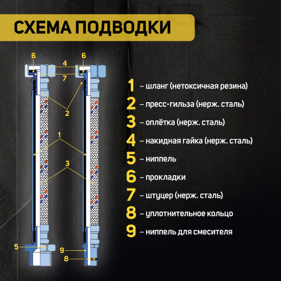 Подводка гибкая для воды с ключом для монтажа