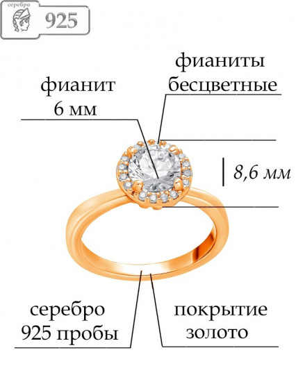 Кольцо из золочёного серебра с фианитами