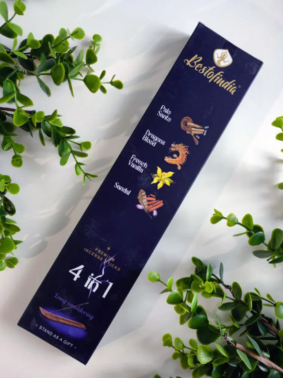 Палочки ароматические с подставкой Premium Incense Sticks 4 в 1 «Palo Santo, Dragons Blood, French Vanilla, Sandal»