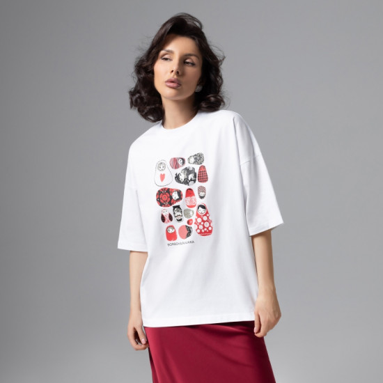 Футболка из хлопка Фэшн-идеал (белая с матрешками)