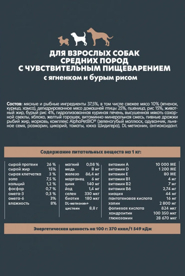 Корм сухой для собак средних пород с чувствительным пищеварением с ягненком и бурым рисом