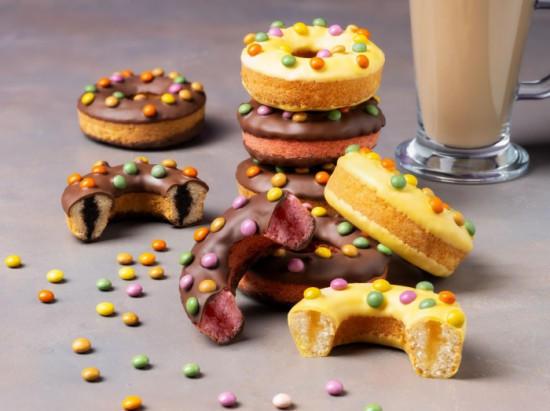 Кекс с какао-глазурью, клубничной начинкой и цветным драже «Papita Donut»