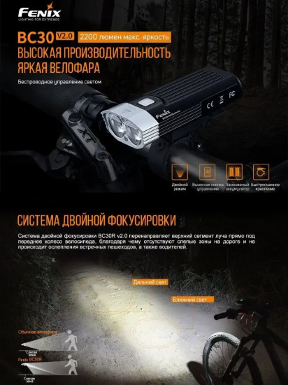 Комплект фонарь велосипедный Fenix BC30 V2.0, задняя велофара BC05R V2.0