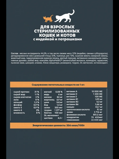 Корм сухой для стерилизованных кошек с индейкой