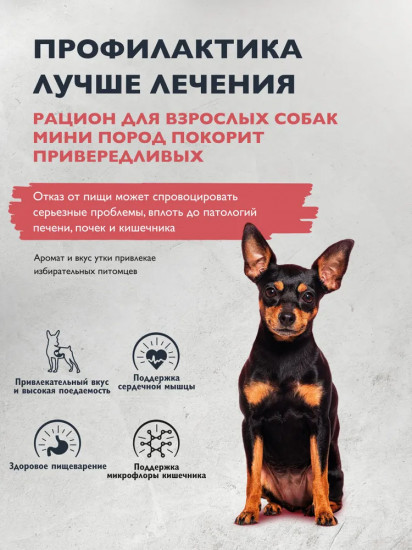 Корм сухой для взрослых cобак мини-пород с индейкой и уткой «Mini Adult. Delicious Taste»
