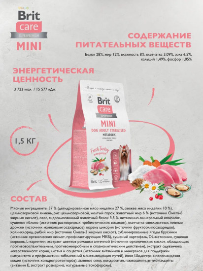 Корм сухой для стерилизованных собак мелких пород с индейкой «Mini Adult Sterilised. Metabolic»