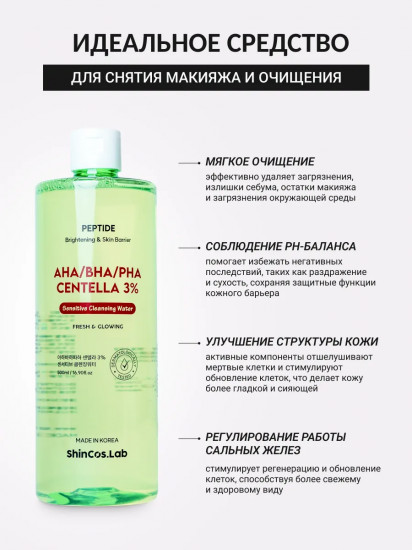 Мицеллярная вода с 3% экстракта центеллы азиатской и комплексом кислот «AHA, BHA, PHA Centella 3% Sensitive Cleansing Water»
