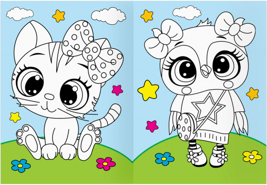 Животные в стиле kawaii. Раскраска с цветным фоном