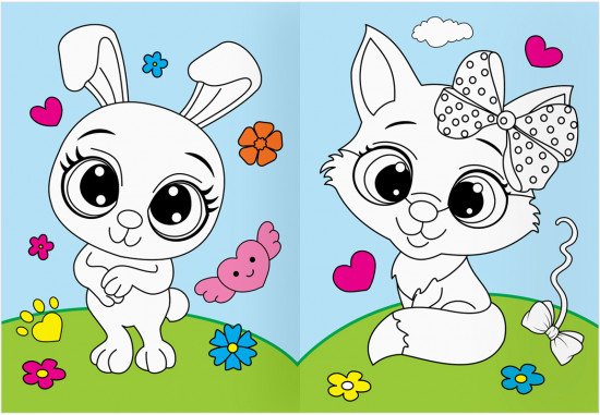 Животные в стиле kawaii. Раскраска с цветным фоном