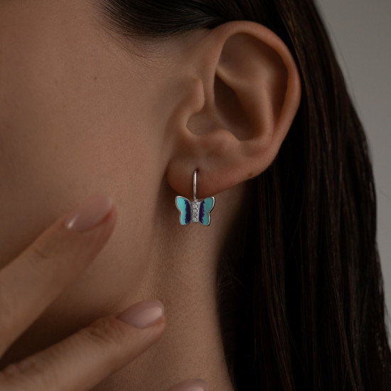 Серьги из серебра с эмалью с фианитами