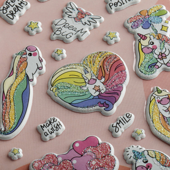 Наклейки объемные многоразовые с блёстками «Rainbow unicorn»