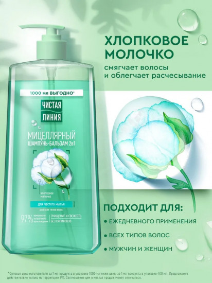 Шампунь-бальзам для частого мытья волос с хлопковым молочком 2 в 1 «Мицеллярный»