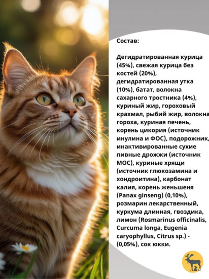 Корм сухой для взрослых кошек с курицей, уткой, алое вера и женьшенем «Holistic Cat Adult Chicken & Duck»